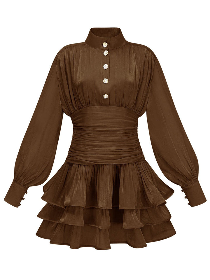 Luciela ruched chiffon ruffle mini dress with a shiny fabric and button trim