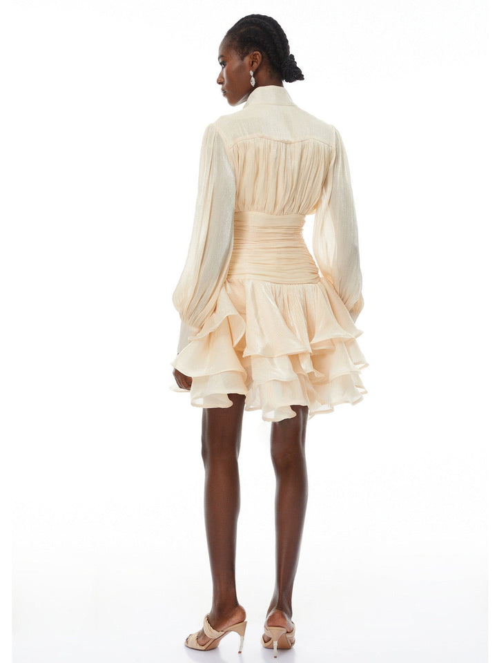 Luciela ruched chiffon ruffle mini dress with a shiny fabric and button trim