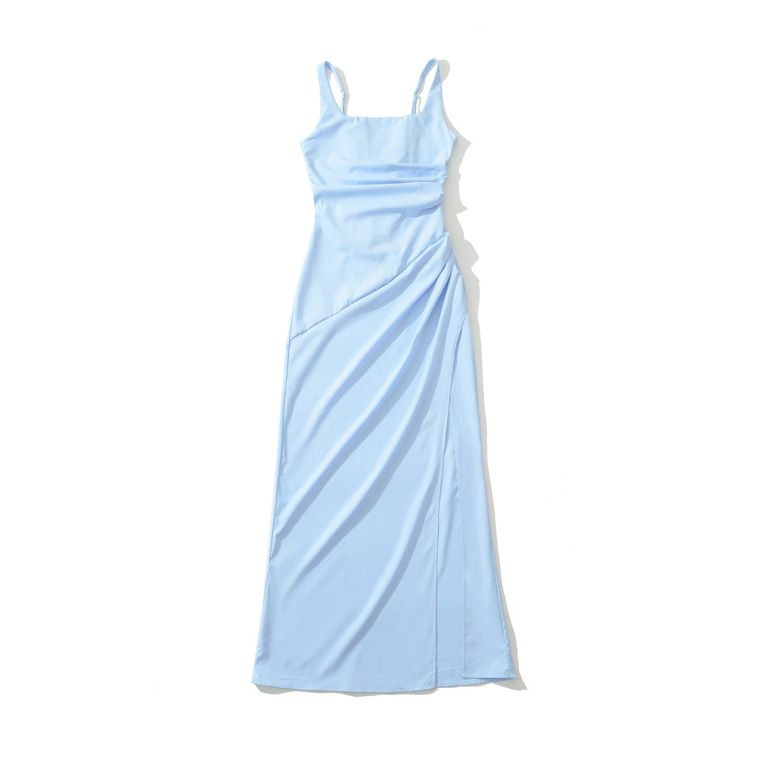 Elegant maxi dress with a slit and back ties for a fitted waist – SKY