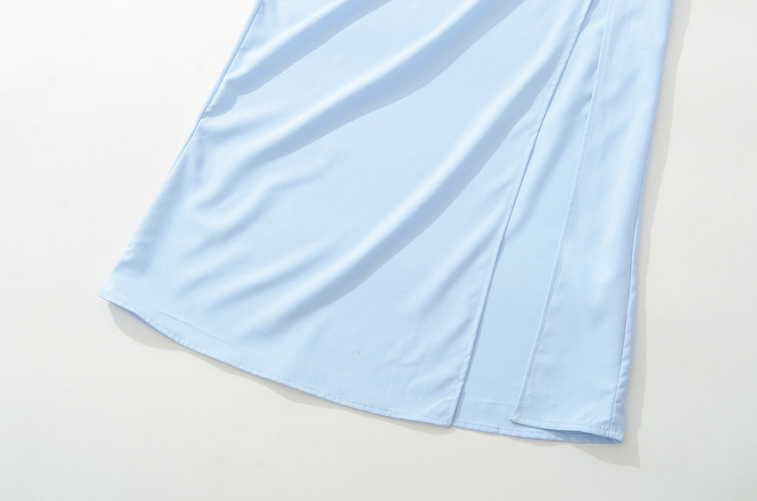 Elegant maxi dress with a slit and back ties for a fitted waist – SKY