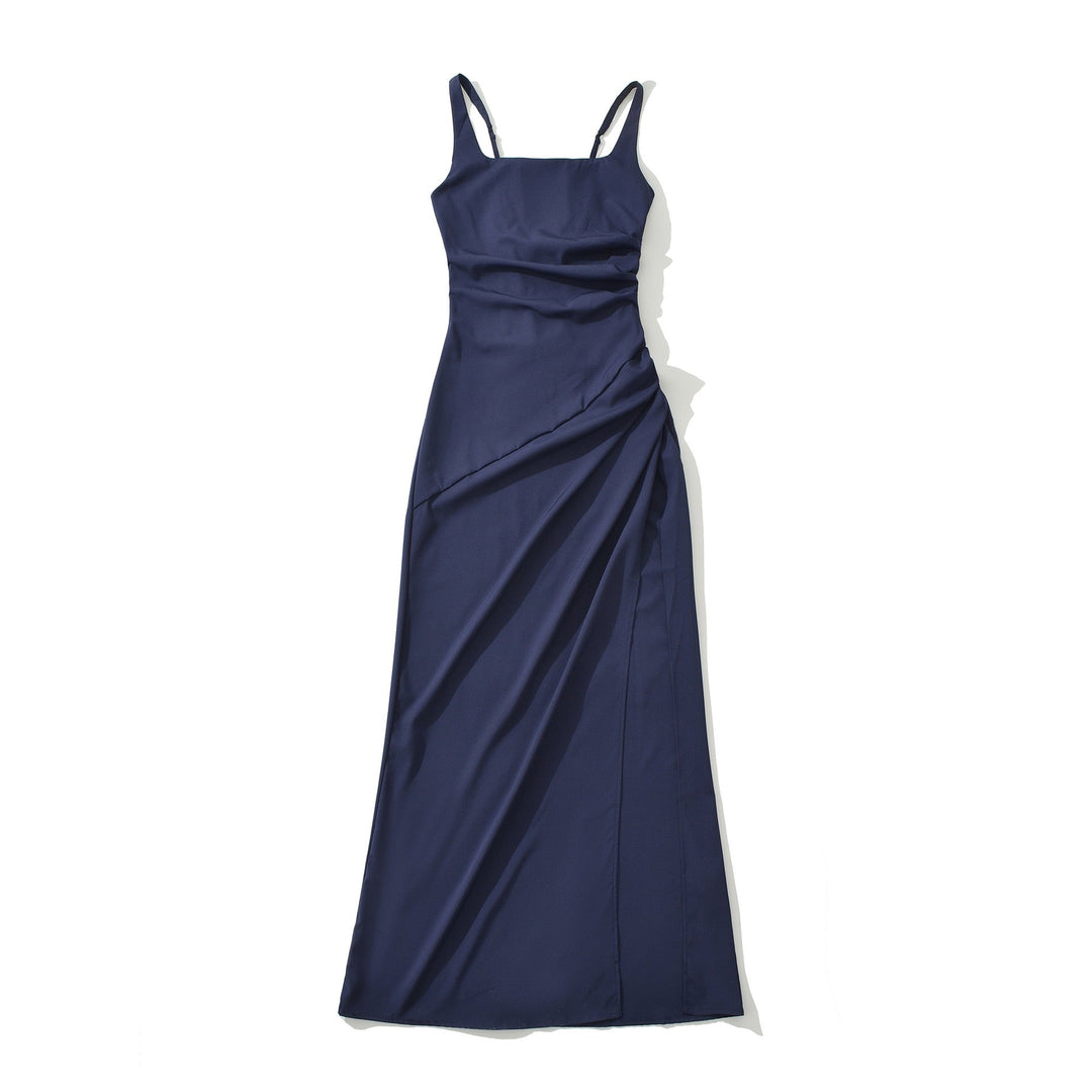 Elegant maxi dress with a slit and back ties for a fitted waist – SKY