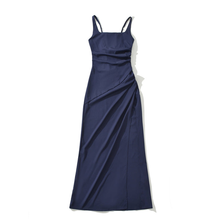 Elegant maxi dress with a slit and back ties for a fitted waist – SKY