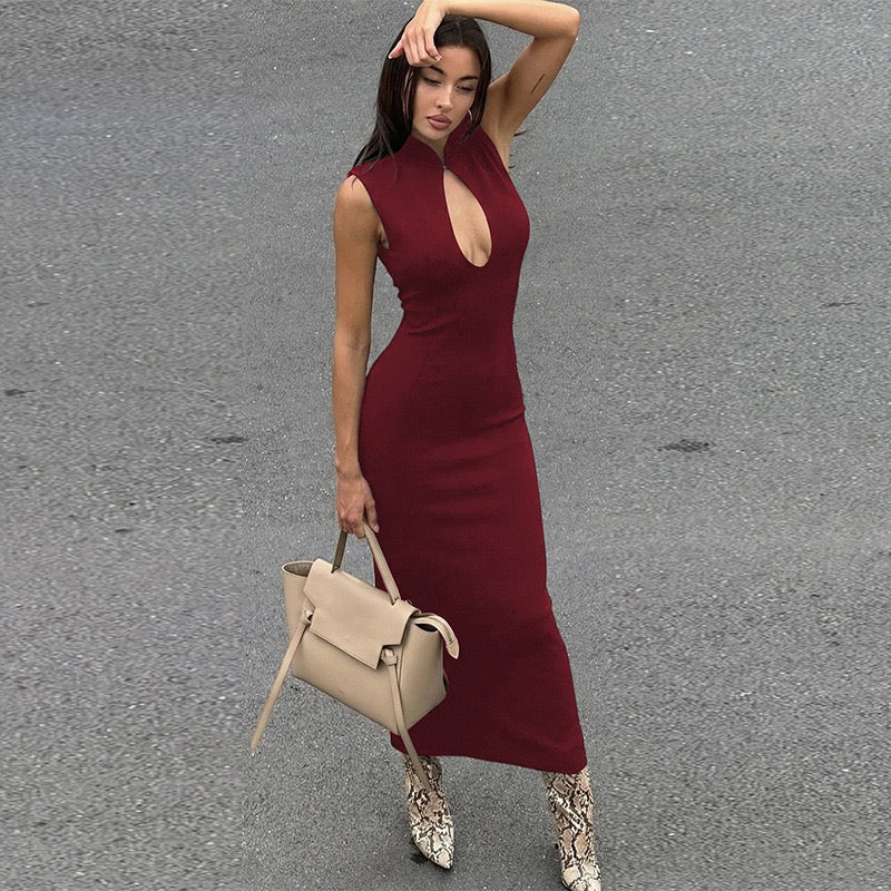 Elegant fitted maxi dress with buckle closure design - IRENA