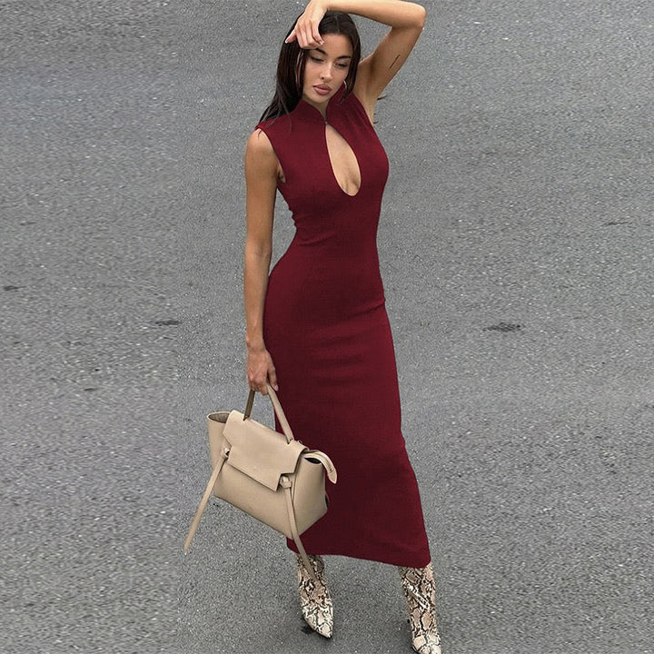 Elegant fitted maxi dress with buckle closure design - IRENA