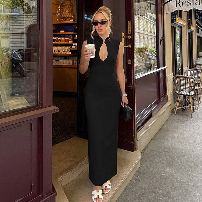 Elegant fitted maxi dress with buckle closure design - IRENA