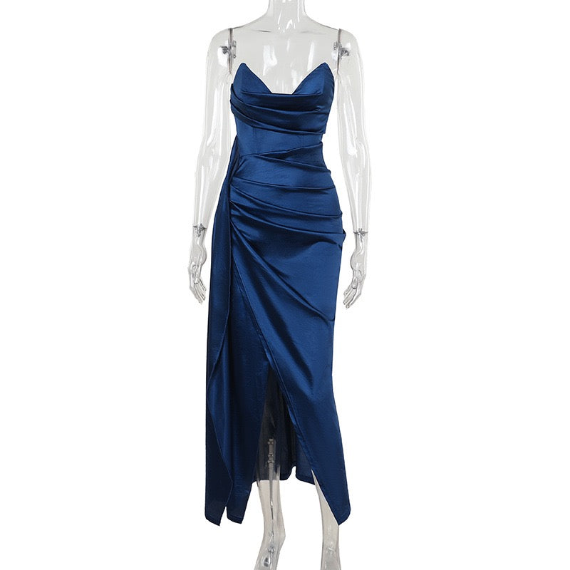 Elegant Maxi Strapless Satin Dress with Pleats and Slit Design - ORNA