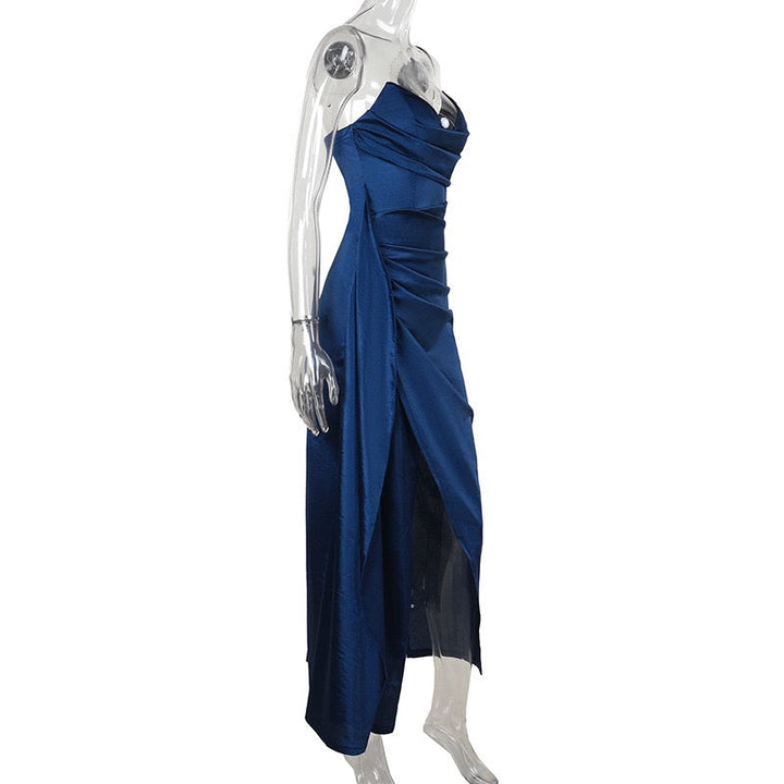 Elegant Maxi Strapless Satin Dress with Pleats and Slit Design - ORNA