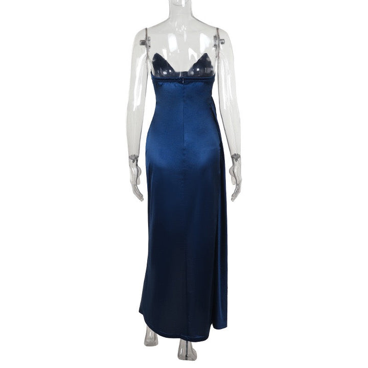 Elegant Maxi Strapless Satin Dress with Pleats and Slit Design - ORNA