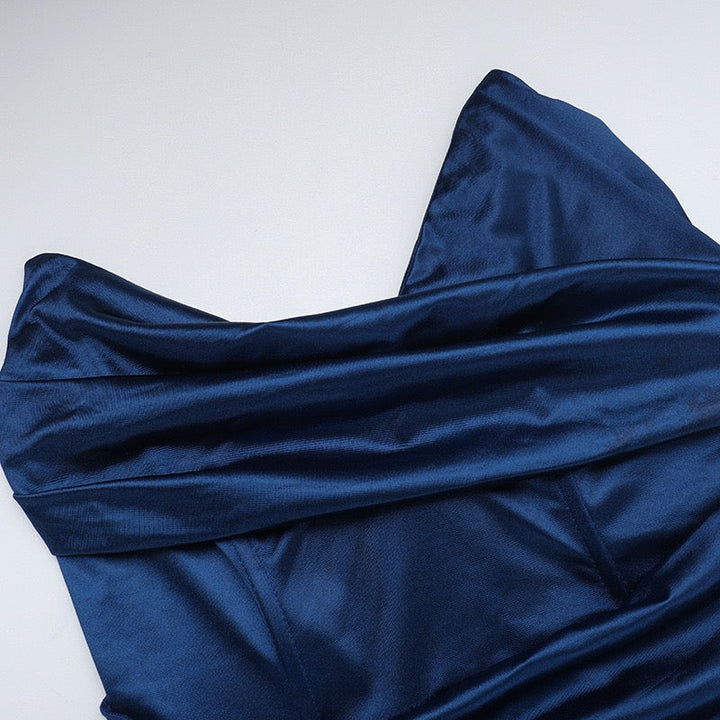 Elegant Maxi Strapless Satin Dress with Pleats and Slit Design - ORNA