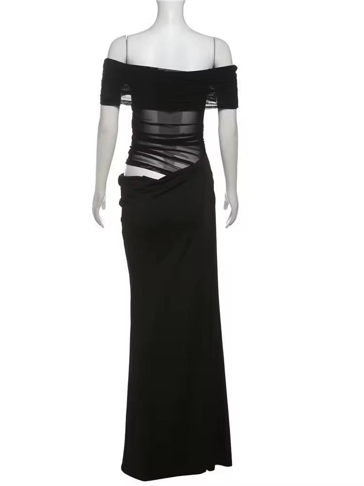 שמלת מקסי כיווצים בעיצוב רשת וכתפיים חשופות - קשת