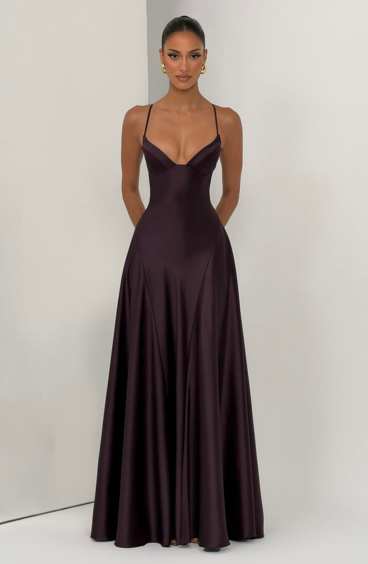Satin maxi dress with back ties for a fitted waist – HILAY