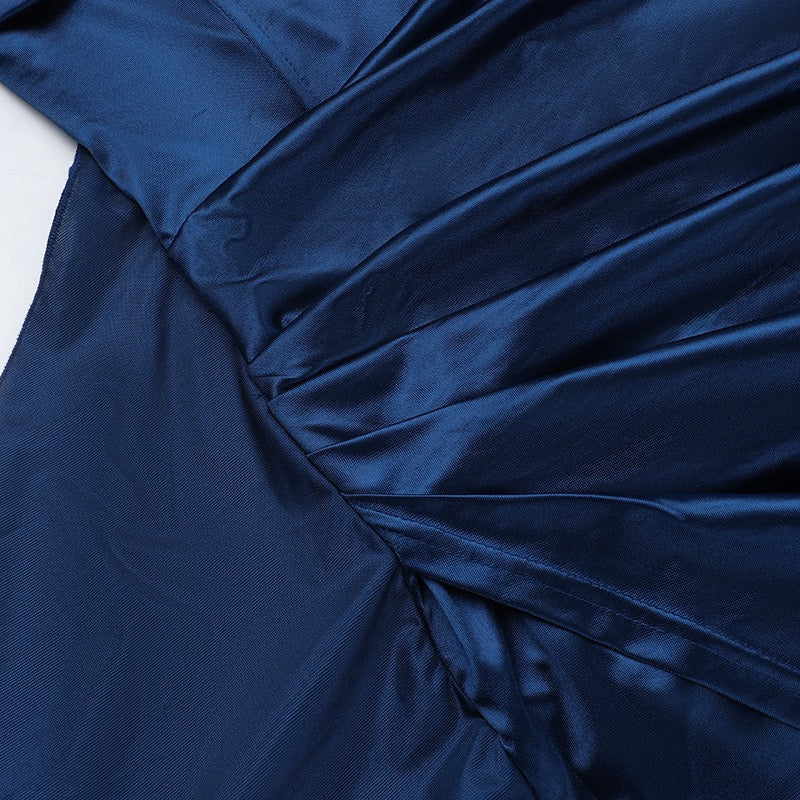 Elegant Maxi Strapless Satin Dress with Pleats and Slit Design - ORNA