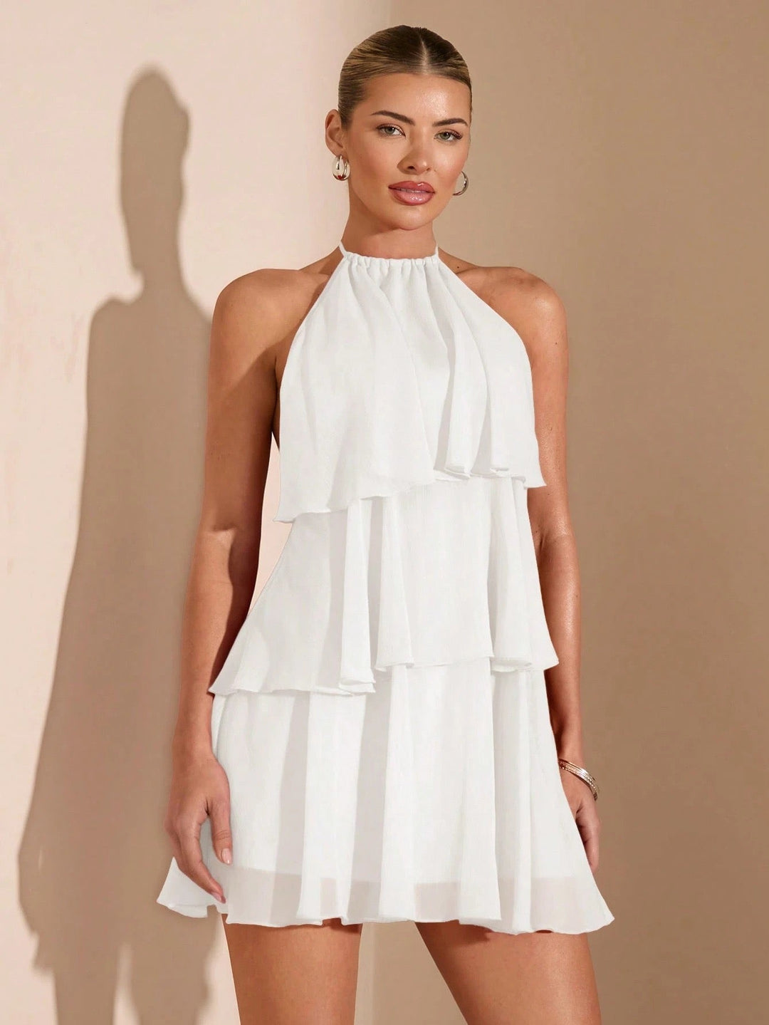 Milly tiered chiffon ruffle mini dress with a neck tie and open back