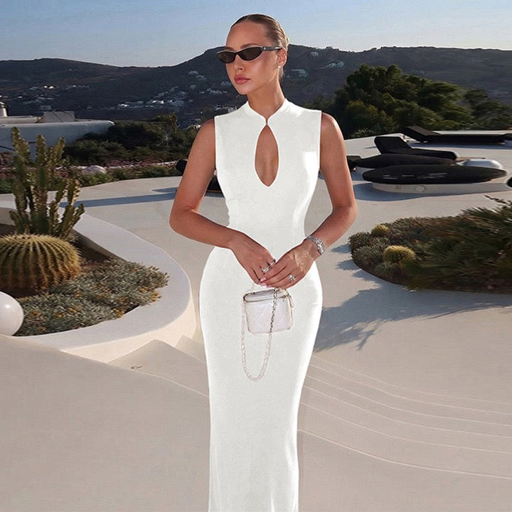 Elegant fitted maxi dress with buckle closure design - IRENA