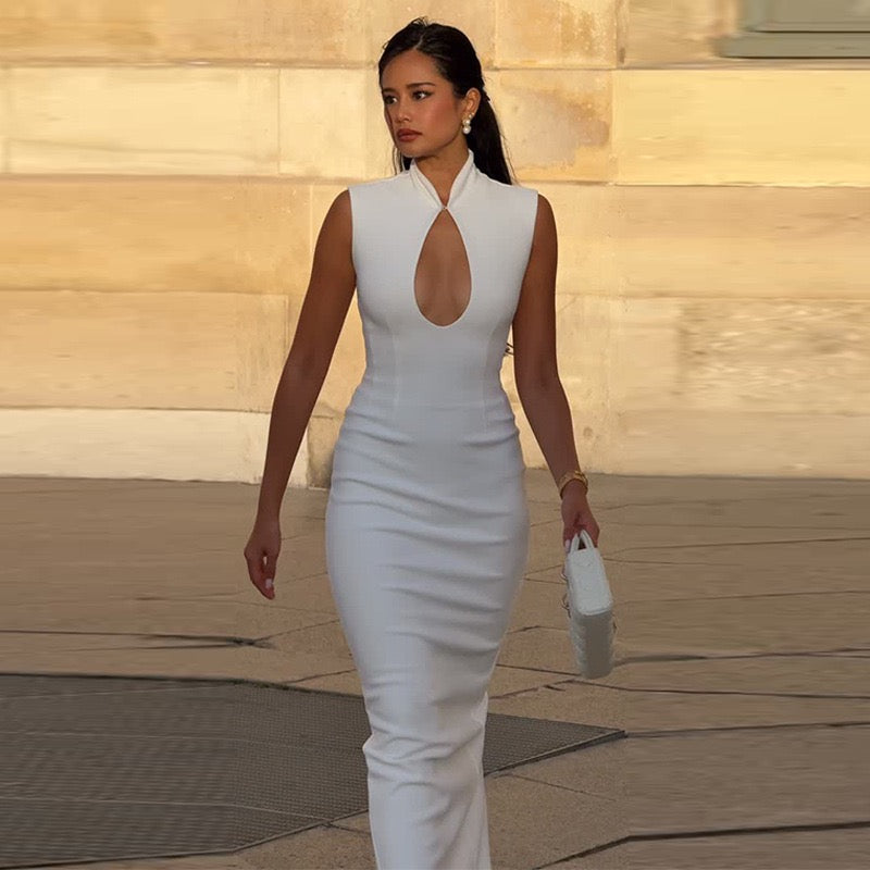 Elegant fitted maxi dress with buckle closure design - IRENA