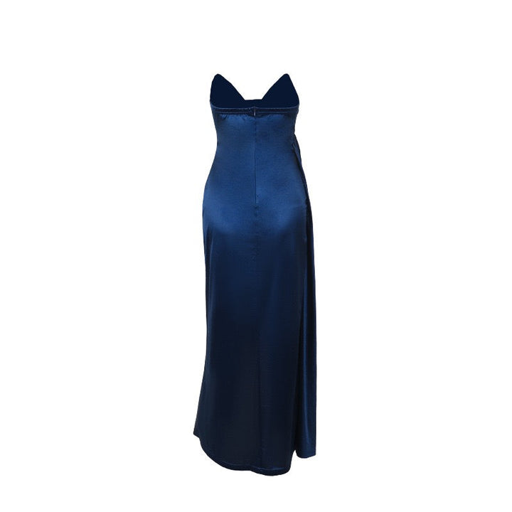 Elegant Maxi Strapless Satin Dress with Pleats and Slit Design - ORNA