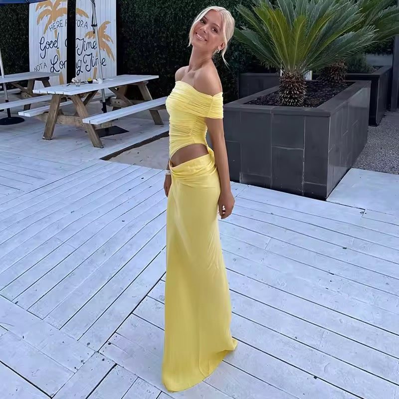 שמלת מקסי כיווצים בעיצוב רשת וכתפיים חשופות - קשת