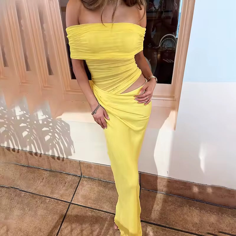 שמלת מקסי כיווצים בעיצוב רשת וכתפיים חשופות - קשת