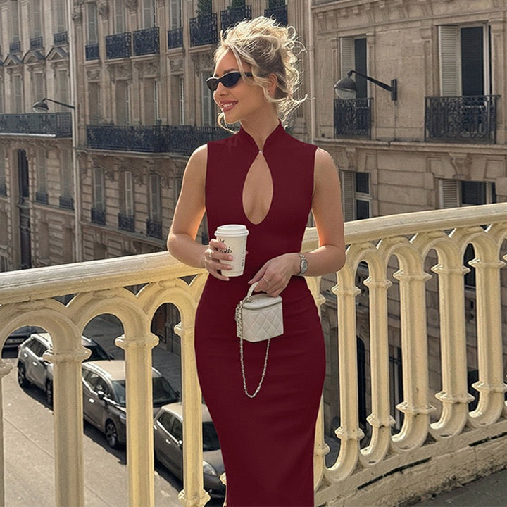 Elegant fitted maxi dress with buckle closure design - IRENA