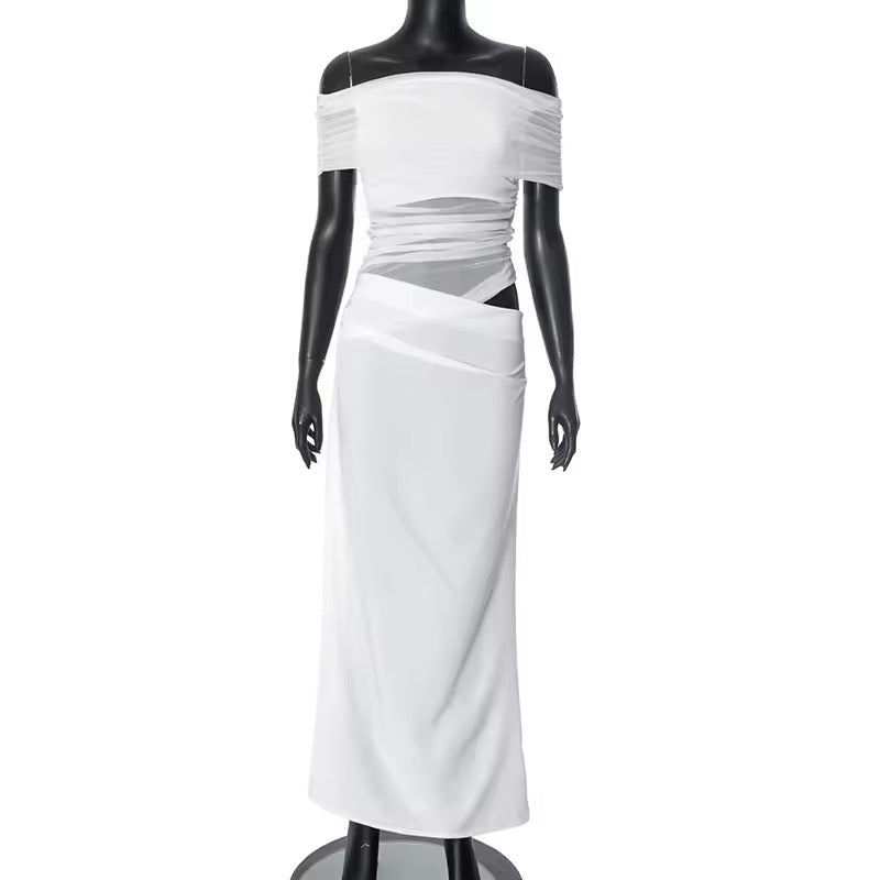 שמלת מקסי כיווצים בעיצוב רשת וכתפיים חשופות - קשת