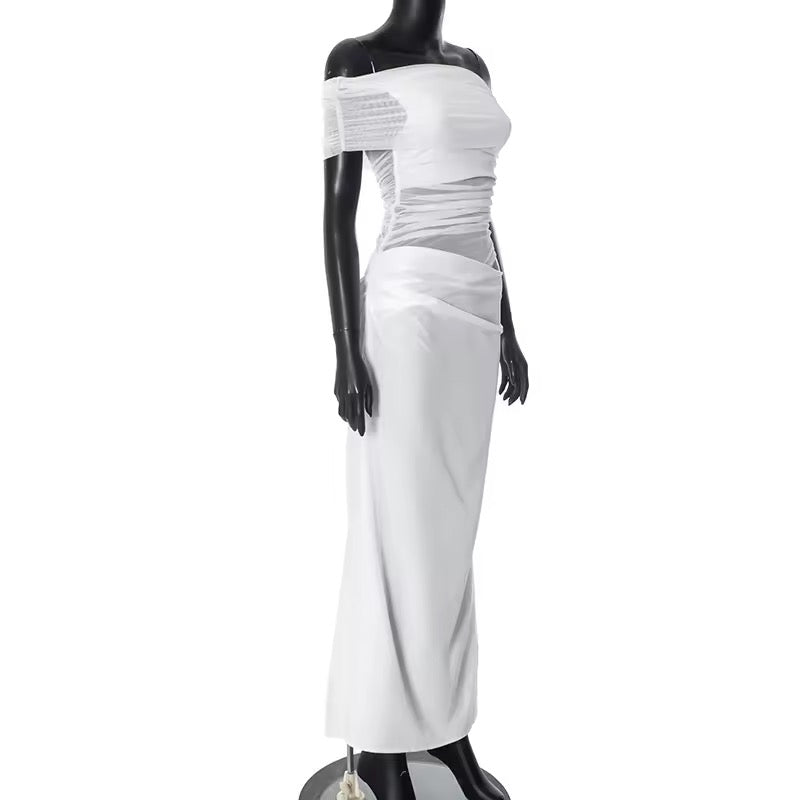 שמלת מקסי כיווצים בעיצוב רשת וכתפיים חשופות - קשת