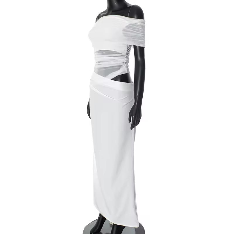 שמלת מקסי כיווצים בעיצוב רשת וכתפיים חשופות - קשת