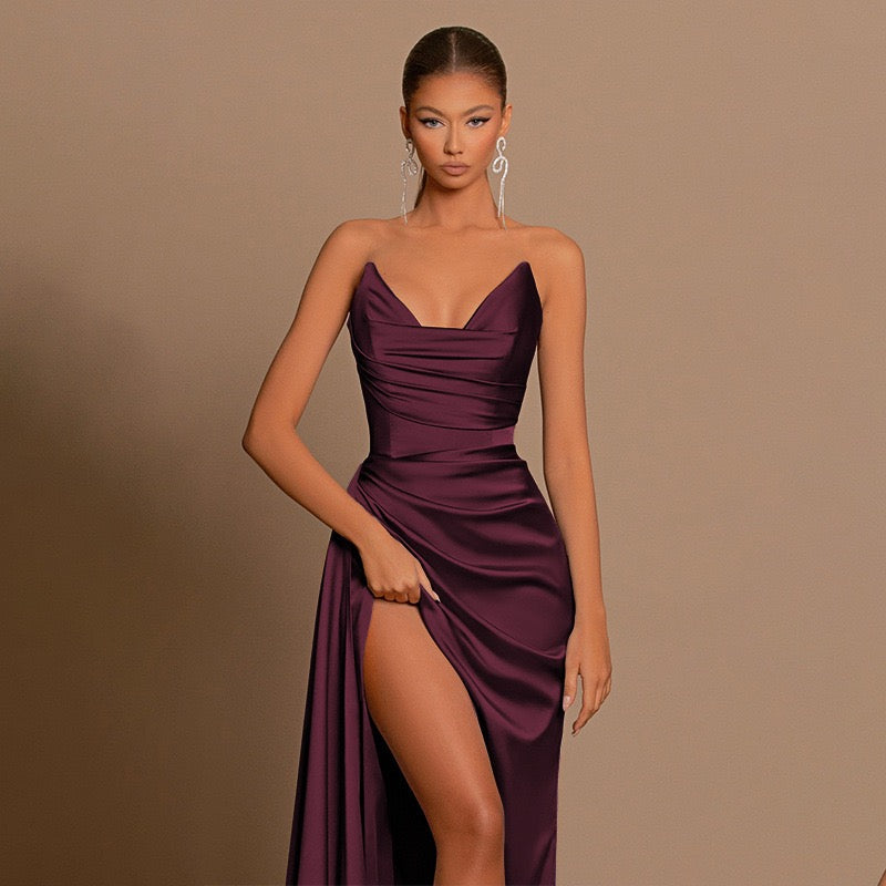 Elegant Maxi Strapless Satin Dress with Pleats and Slit Design - ORNA