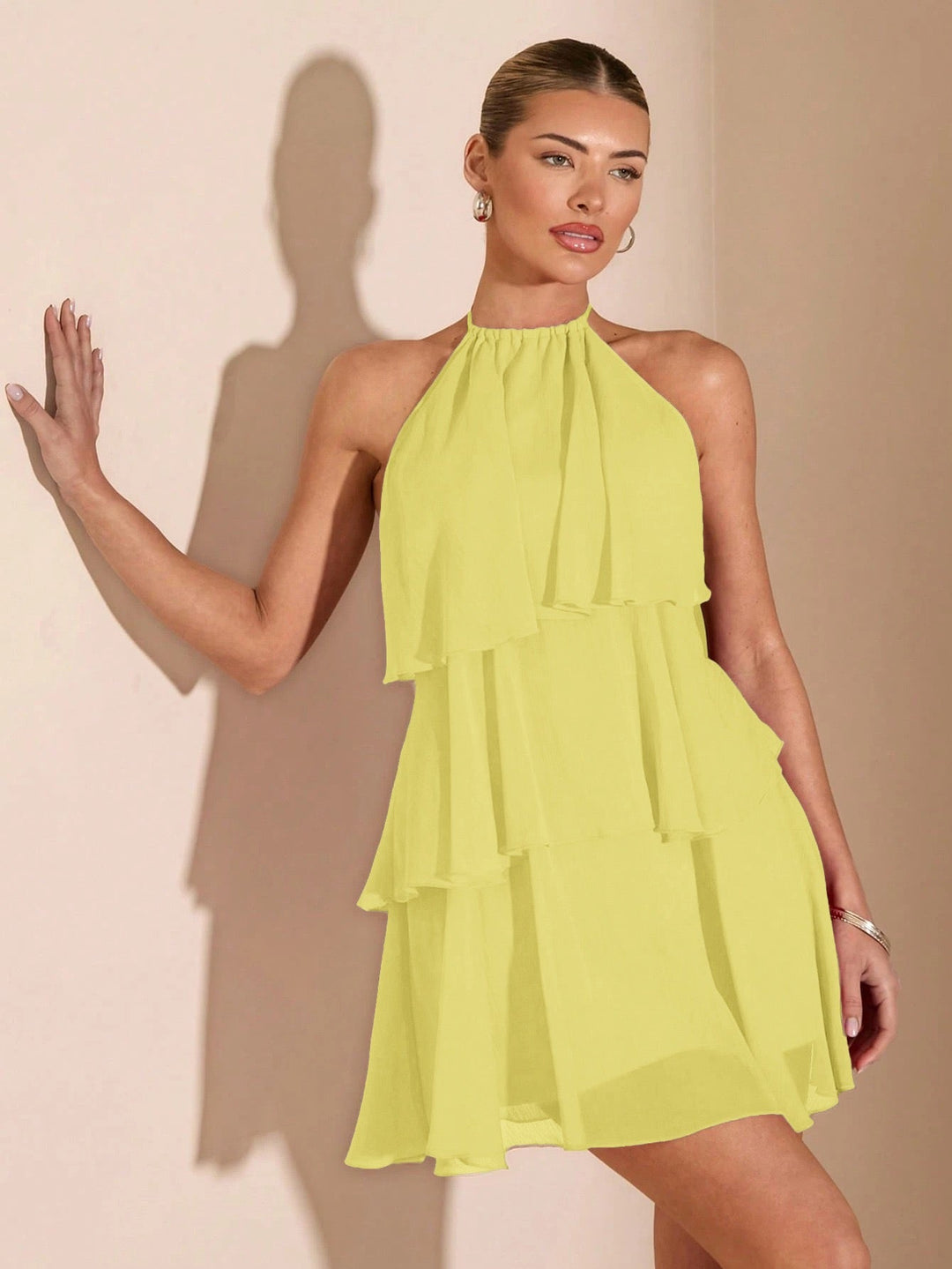 Milly tiered chiffon ruffle mini dress with a neck tie and open back
