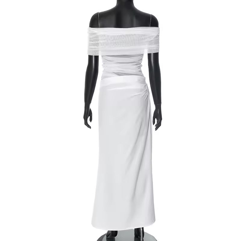 שמלת מקסי כיווצים בעיצוב רשת וכתפיים חשופות - קשת