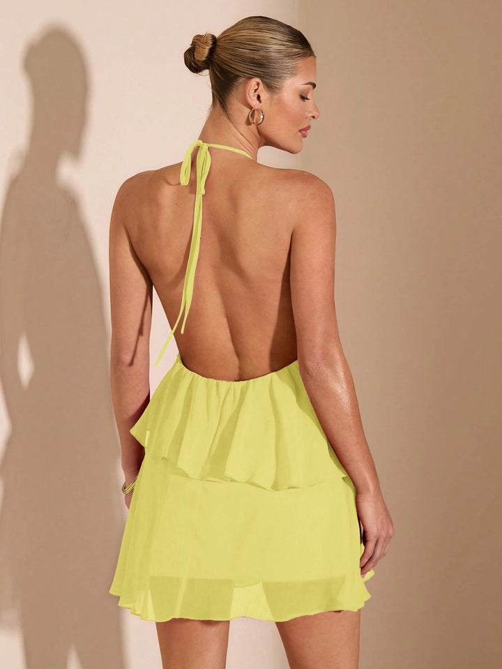 Milly tiered chiffon ruffle mini dress with a neck tie and open back