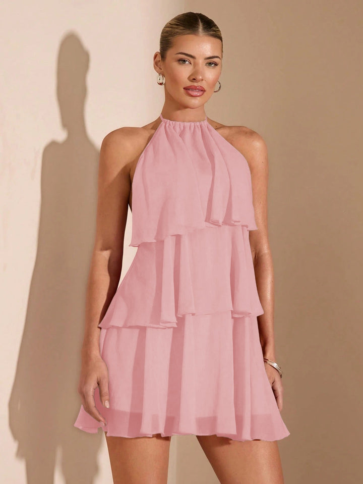 Milly tiered chiffon ruffle mini dress with a neck tie and open back