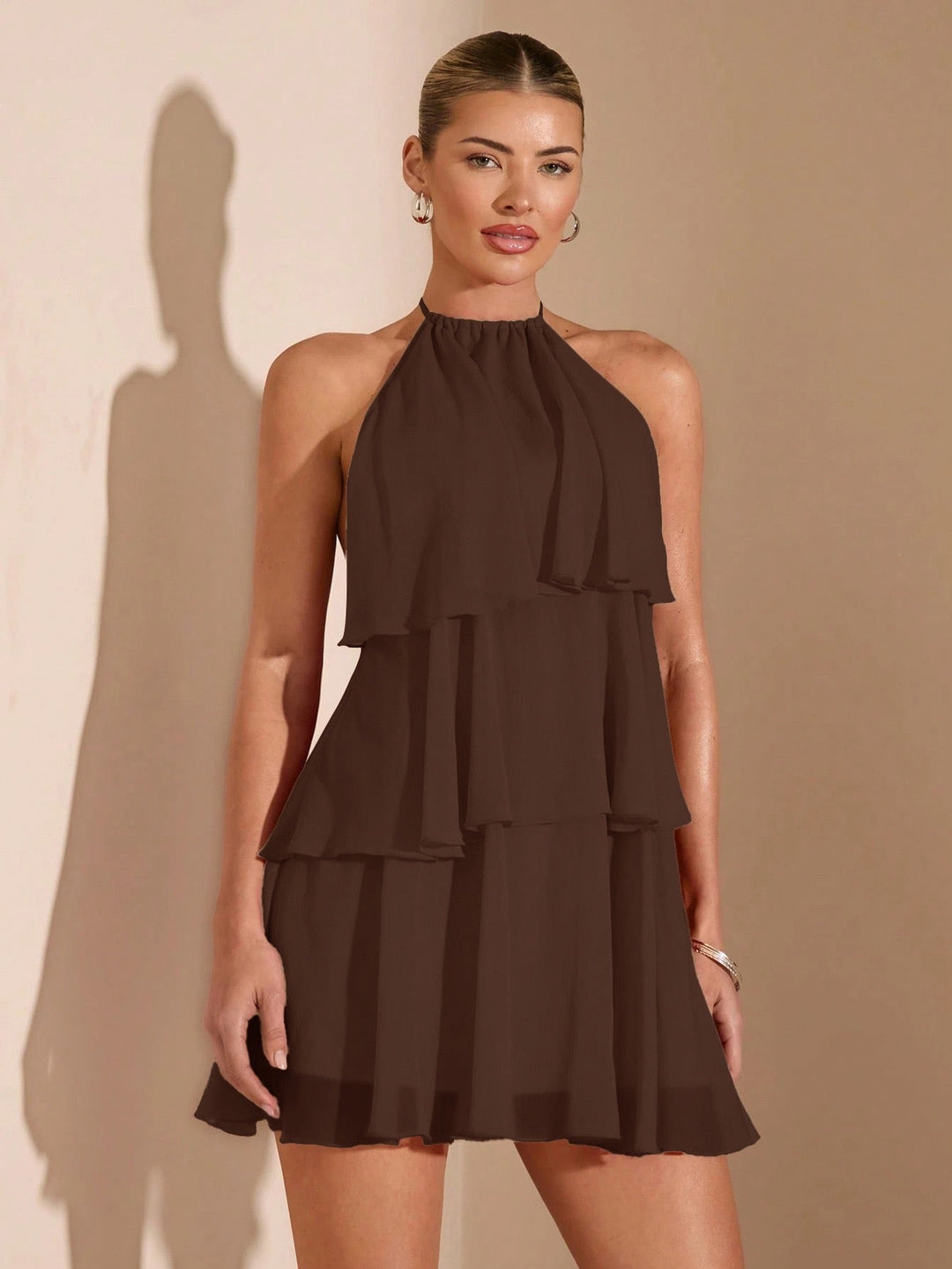 Milly tiered chiffon ruffle mini dress with a neck tie and open back