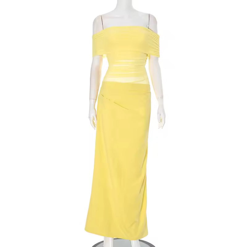 שמלת מקסי כיווצים בעיצוב רשת וכתפיים חשופות - קשת