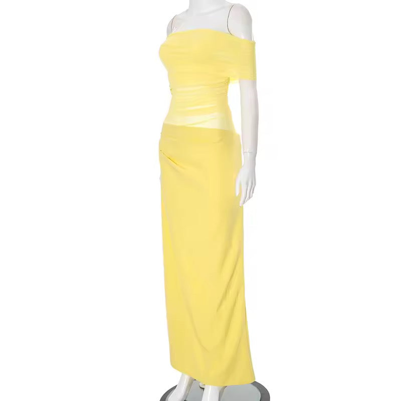 שמלת מקסי כיווצים בעיצוב רשת וכתפיים חשופות - קשת