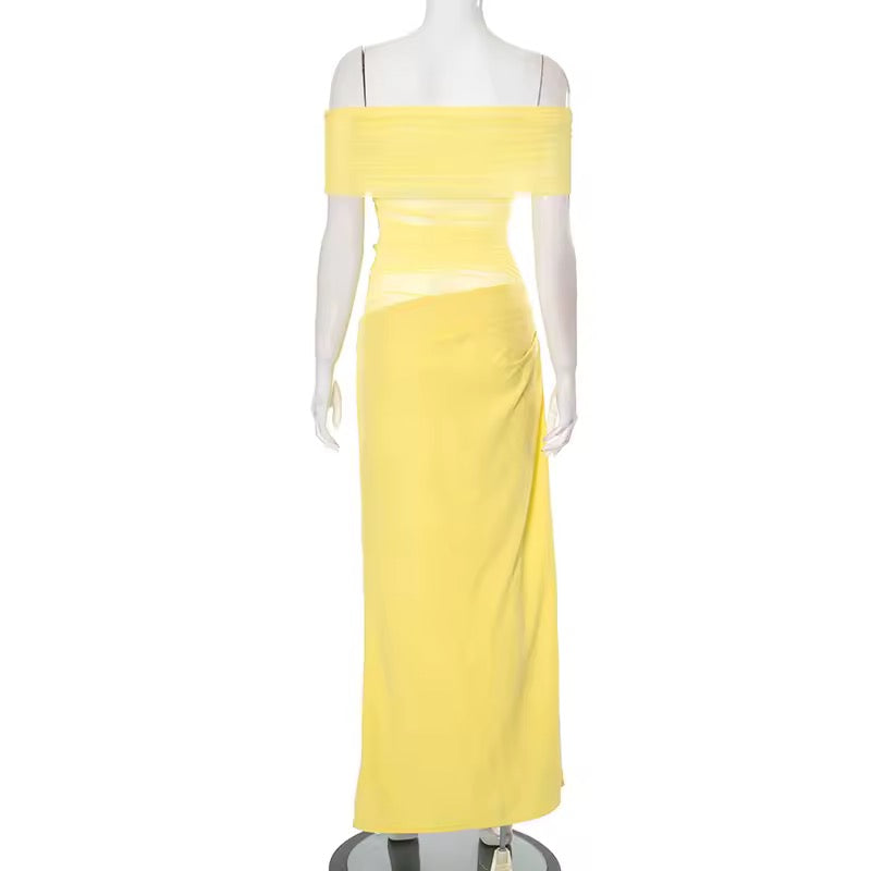 שמלת מקסי כיווצים בעיצוב רשת וכתפיים חשופות - קשת