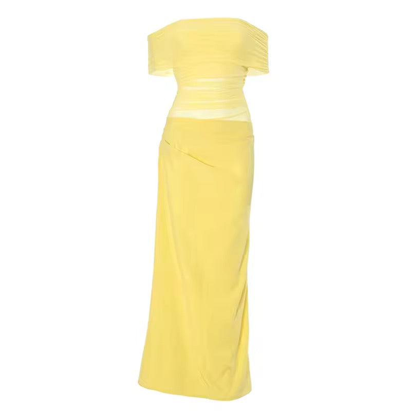 שמלת מקסי כיווצים בעיצוב רשת וכתפיים חשופות - קשת