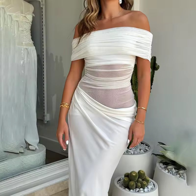 שמלת מקסי כיווצים בעיצוב רשת וכתפיים חשופות - קשת