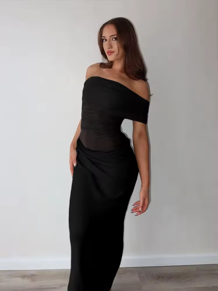 שמלת מקסי כיווצים בעיצוב רשת וכתפיים חשופות - קשת