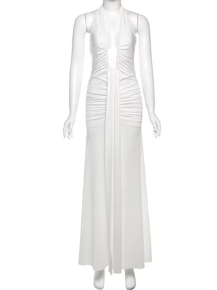 שמלת מקסי כיווצים בעיצוב קשירה בצוואר מחשוף עמוק וגב פתוח - לואיזה