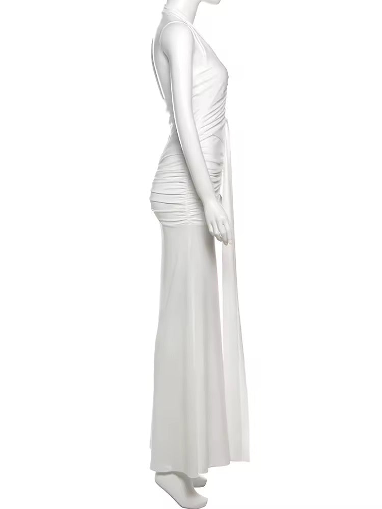 שמלת מקסי כיווצים בעיצוב קשירה בצוואר מחשוף עמוק וגב פתוח - לואיזה