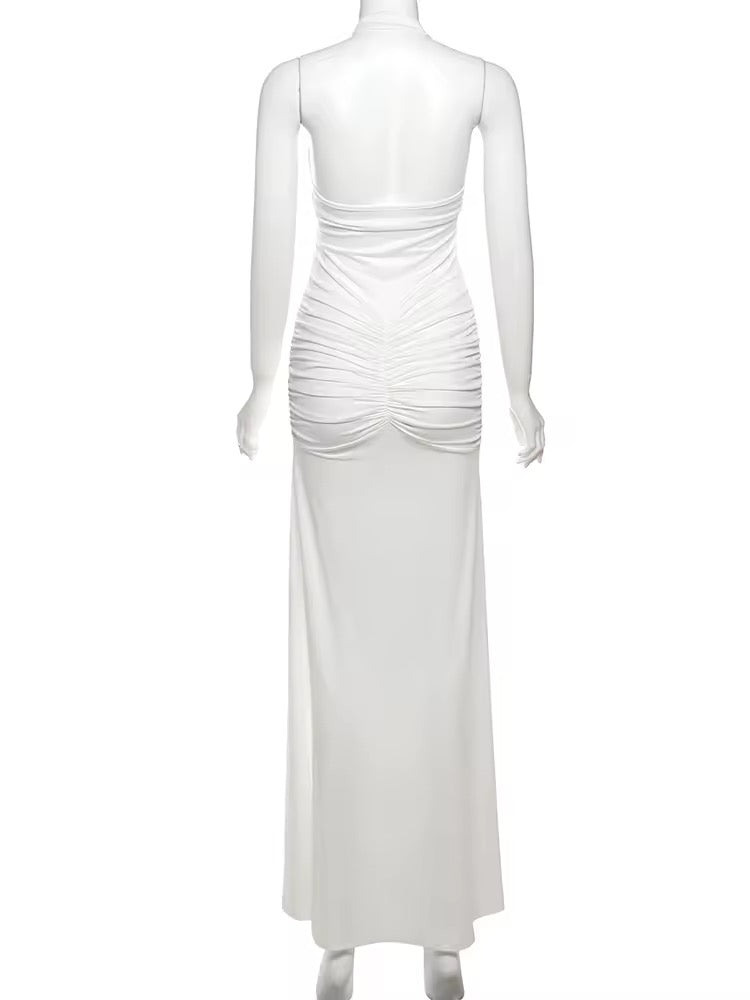 שמלת מקסי כיווצים בעיצוב קשירה בצוואר מחשוף עמוק וגב פתוח - לואיזה