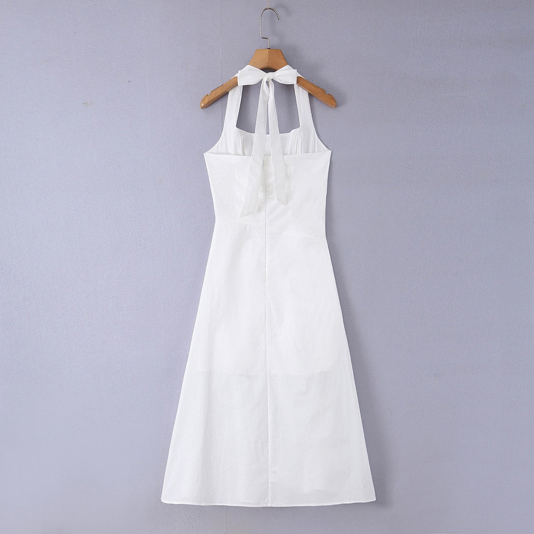 Midi dress with neck ties, an open back, and ruching – LANA