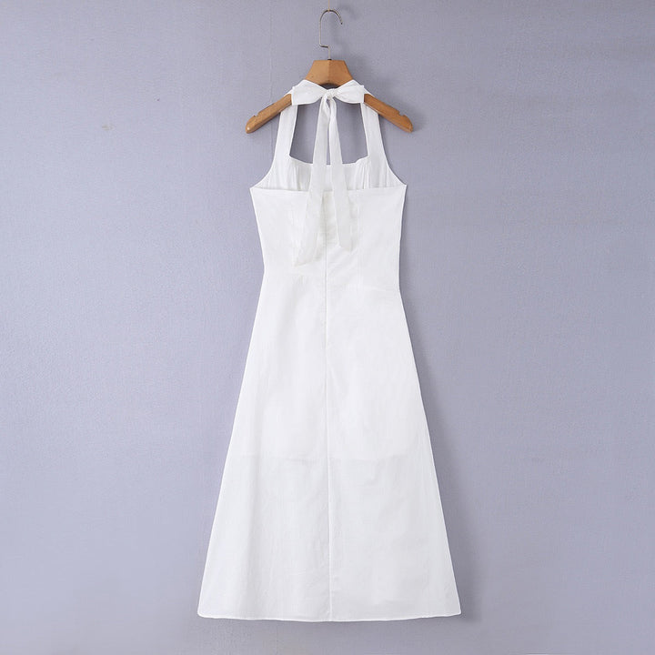 Midi dress with neck ties, an open back, and ruching – LANA