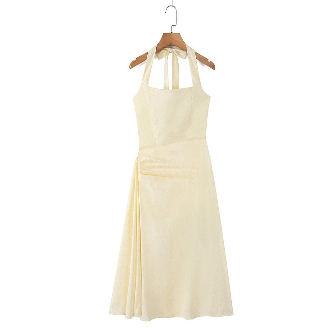 Midi dress with neck ties, an open back, and ruching – LANA