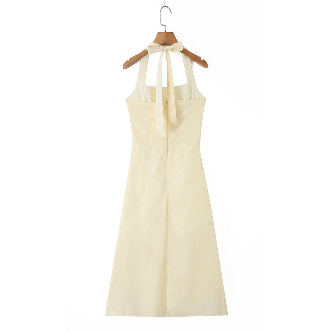 Midi dress with neck ties, an open back, and ruching – LANA