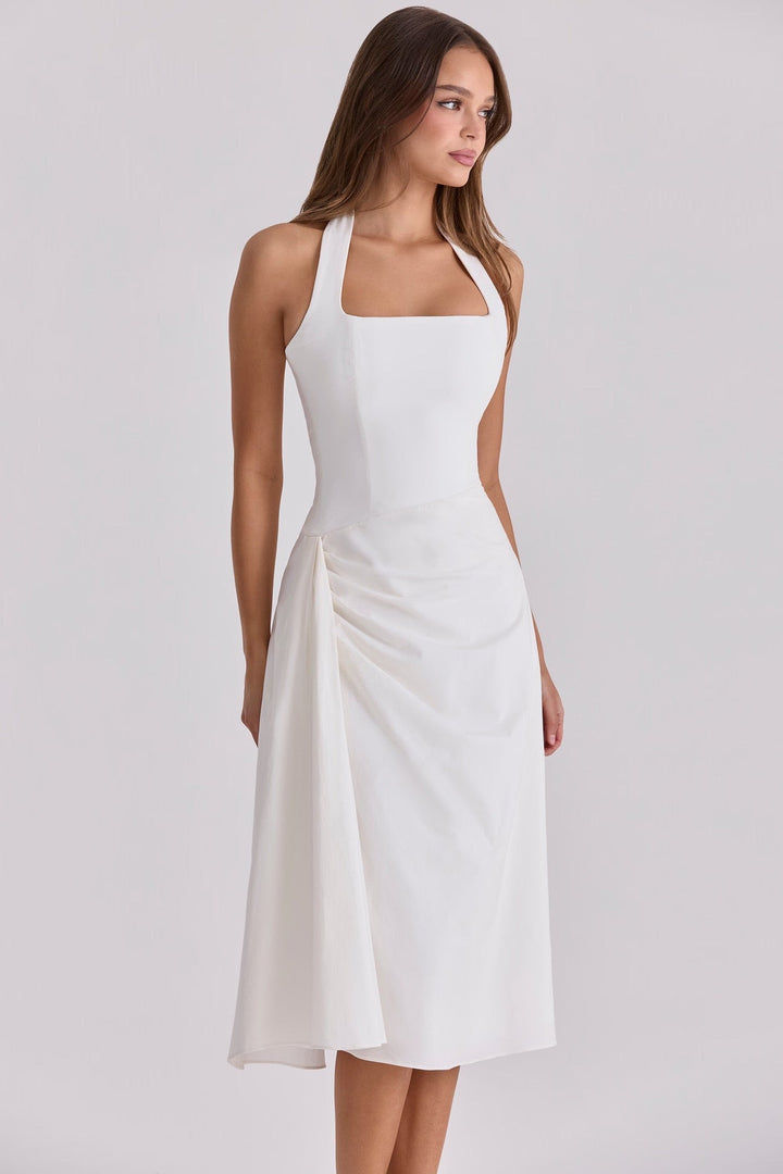 Midi dress with neck ties, an open back, and ruching – LANA