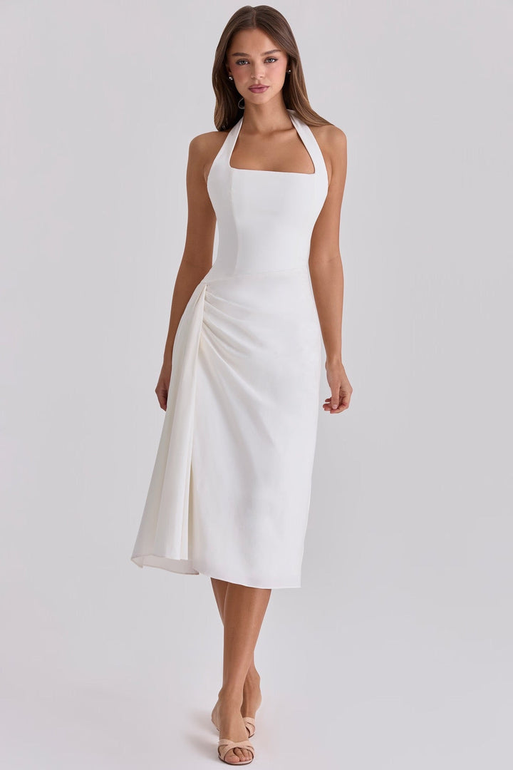 Midi dress with neck ties, an open back, and ruching – LANA