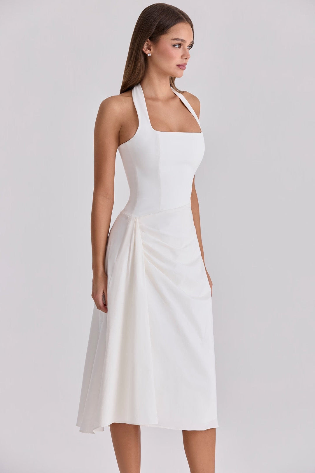 Midi dress with neck ties, an open back, and ruching – LANA