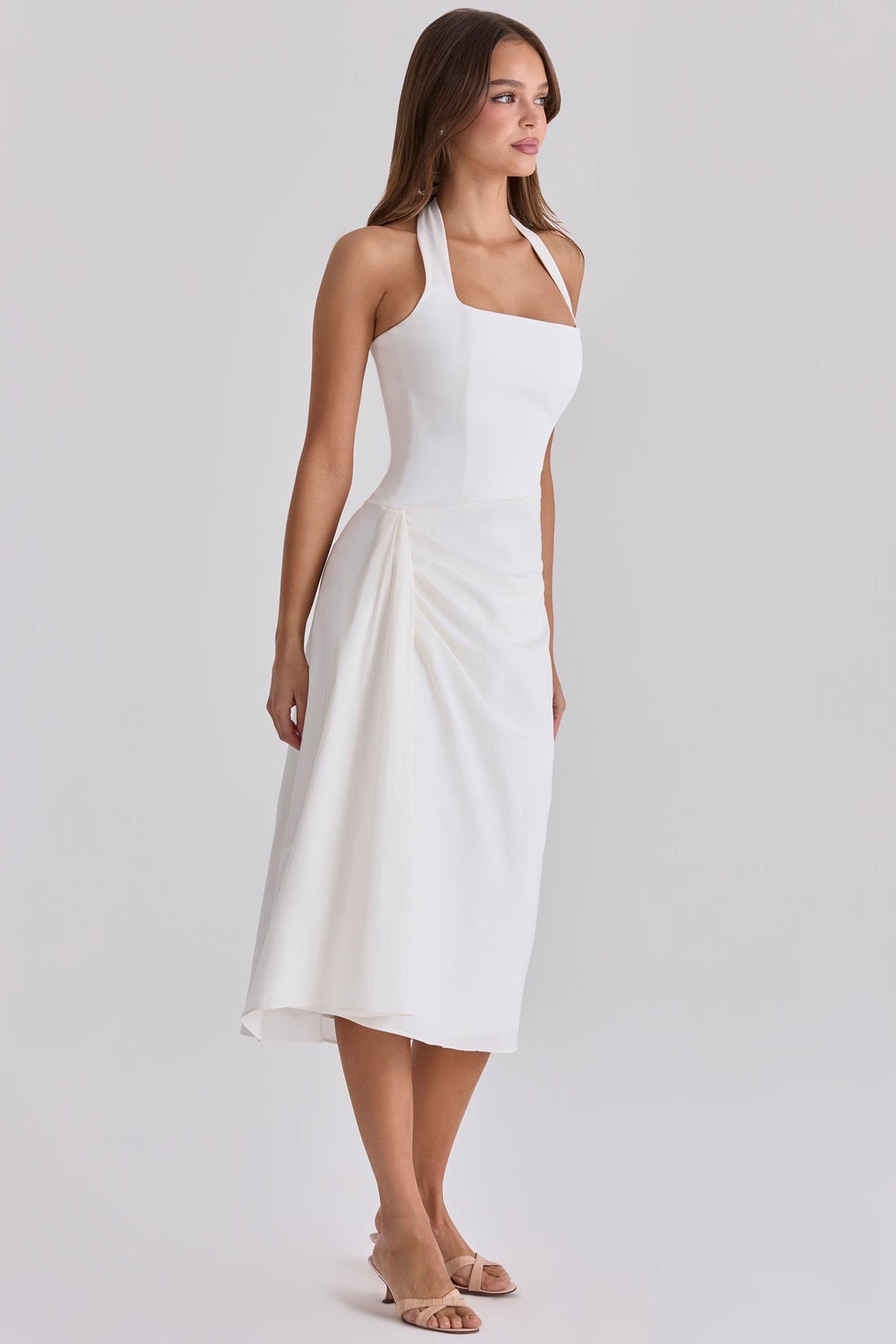 Midi dress with neck ties, an open back, and ruching – LANA