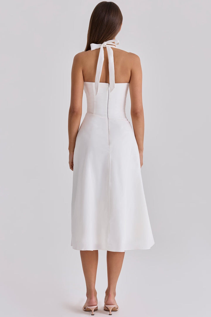 Midi dress with neck ties, an open back, and ruching – LANA
